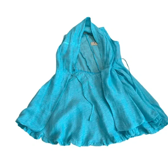 SARTORIA SARACENA ~ Chic Turquoise Wrap Around Sleeveless High Low Linen Dress - Picture 7 of 11
